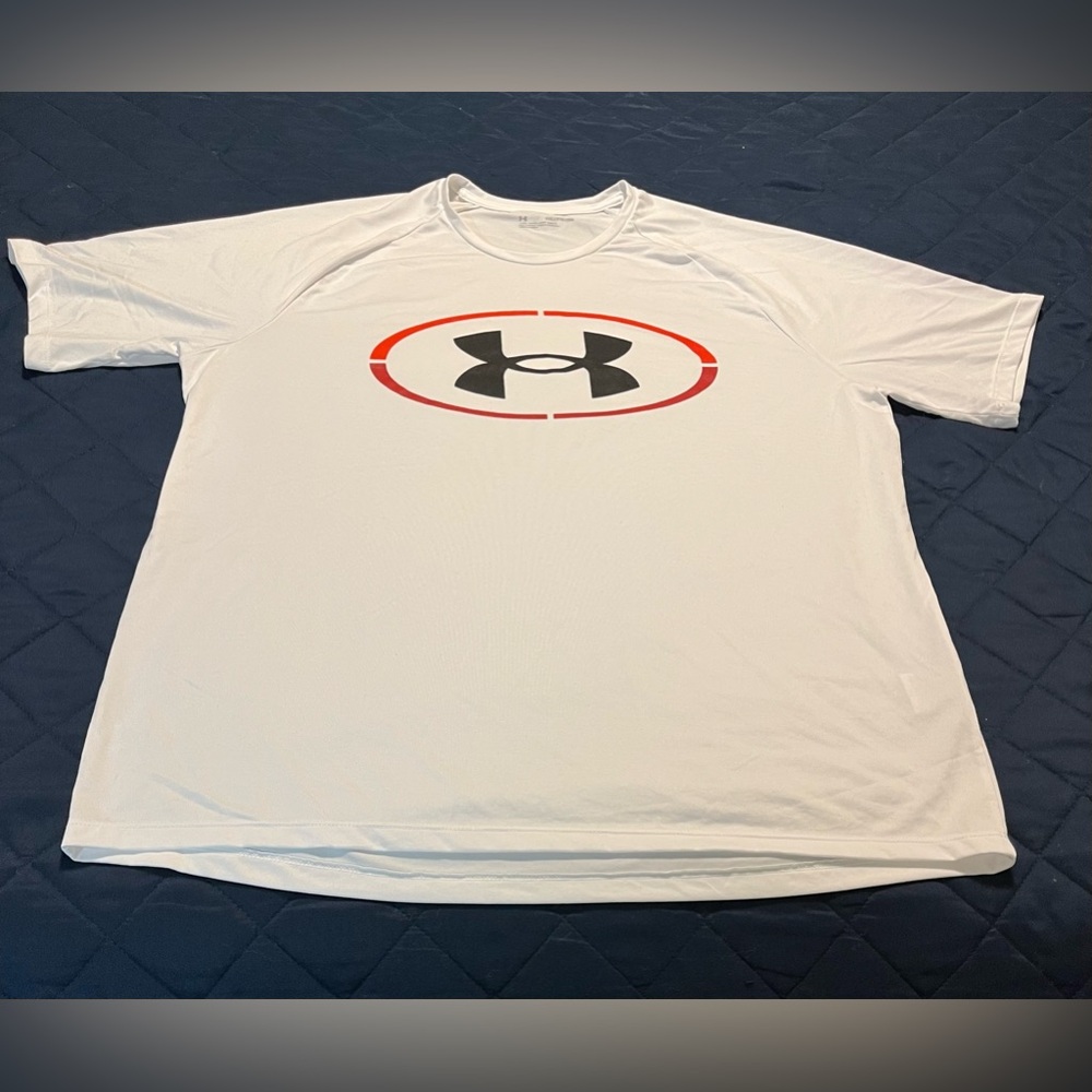 NWOT men’s white Under Armour t-shirt with large red, orange & black UA logo.
